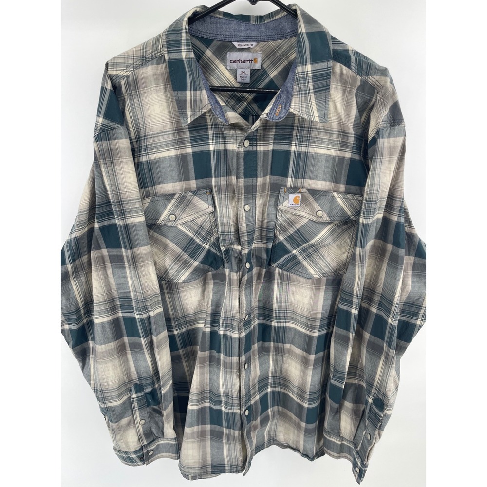 Carhartt Mens 2XL Relaxed Fit Plaid Pearl Snap Long Sleeve Shirt  Western Work